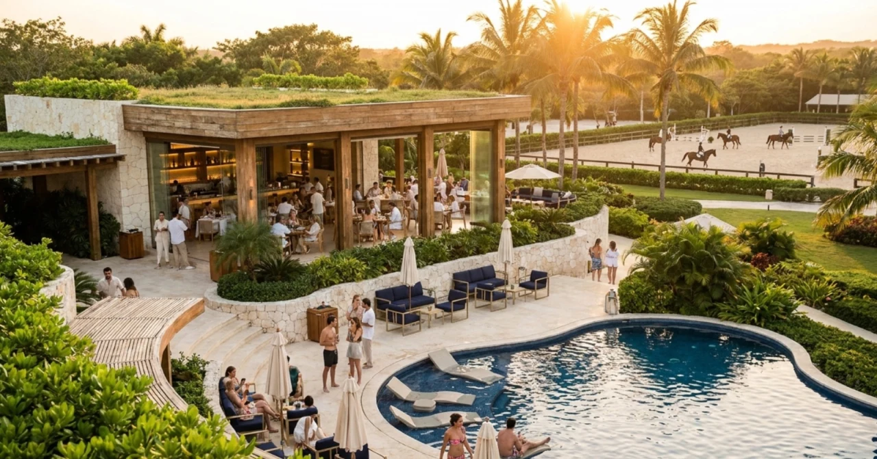 Zen Equestrian Club — vista aérea de la casa club y la pista de salto